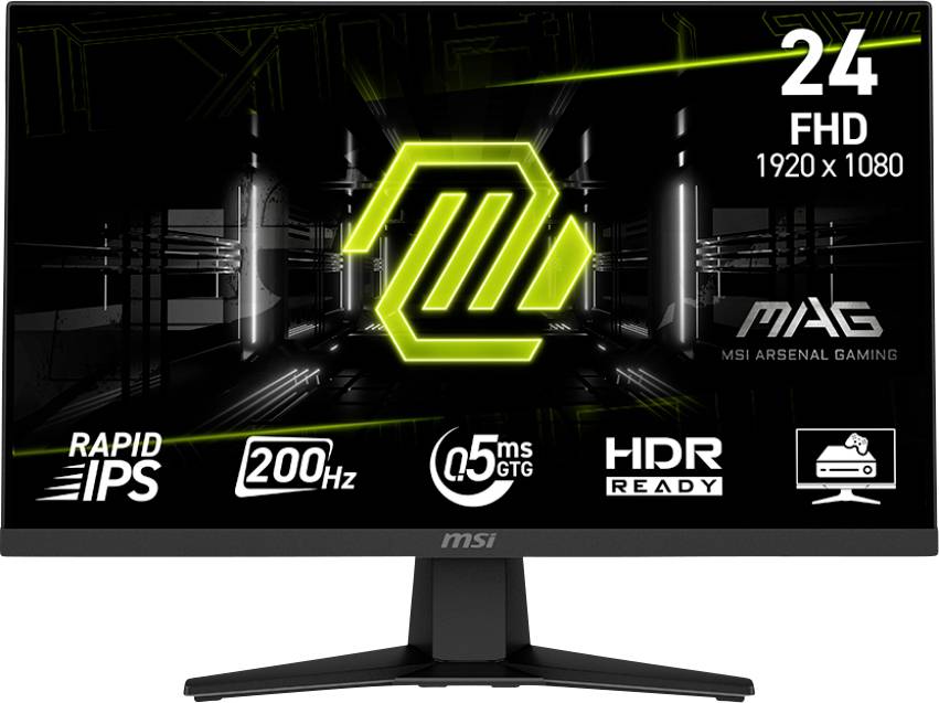 Ein 24-Zoll MSI Gaming-Monitor mit Funktionen wie FHD 1920x1080-Auflösung, 200 Hz Bildwiederholrate, 0,5 ms Reaktionszeit, HDR-Bereitschaft und Rapid IPS.