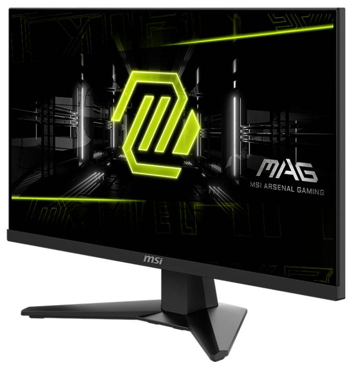Ein Gaming-Monitor, der das 'MAG MSI Arsenal Gaming' Logo zeigt, mit futuristischen grünen und schwarzen Designelementen auf dem Bildschirm.