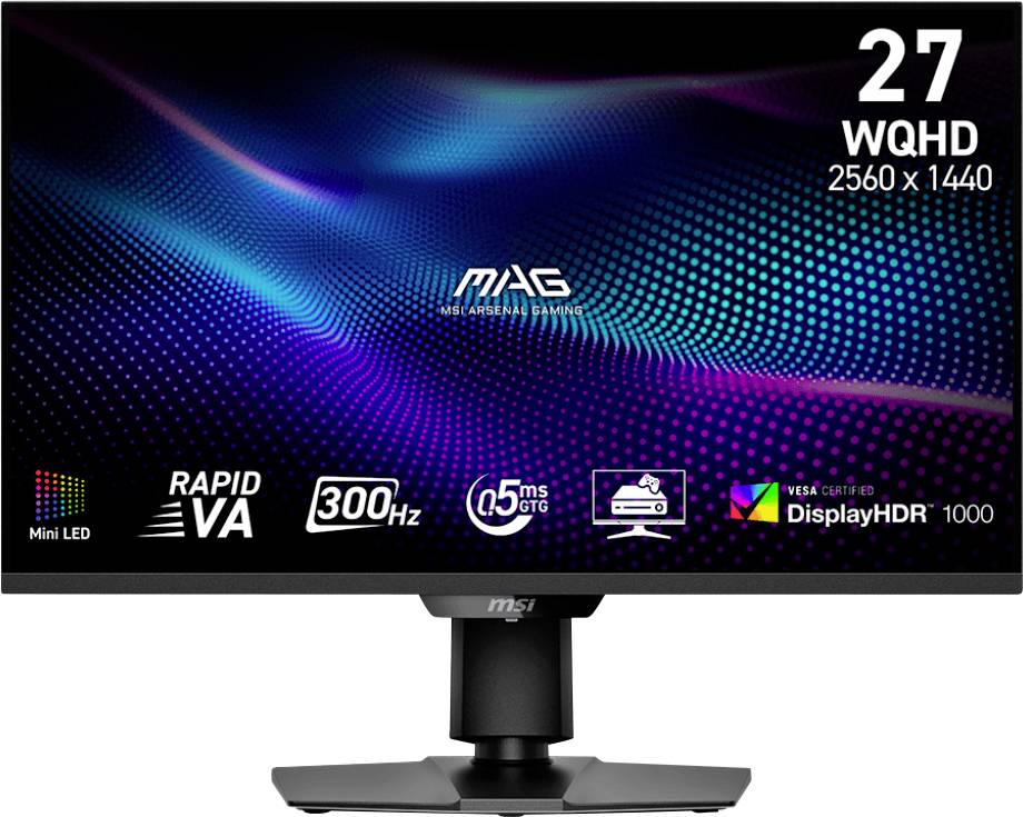 Ein Computermonitor mit Spezifikationen: 27-Zoll-Bildschirm, WQHD 2560x1440 Auflösung, Rapid VA, 300 Hz, 0,5 ms Reaktionszeit, DisplayHDR 1000.