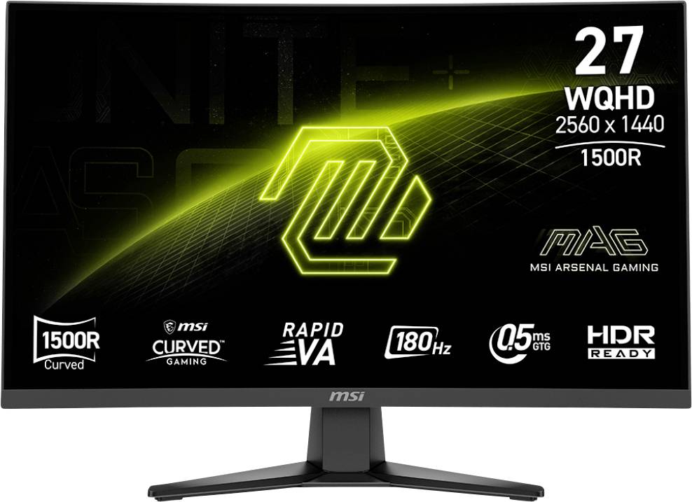 Ein gekrümmter MSI Gaming-Monitor mit folgenden Spezifikationen: 27 Zoll, WQHD 2560x1440, 1500R-Krümmung, Rapid VA, 180 Hz, 0,5 ms GTG, HDR-bereit.