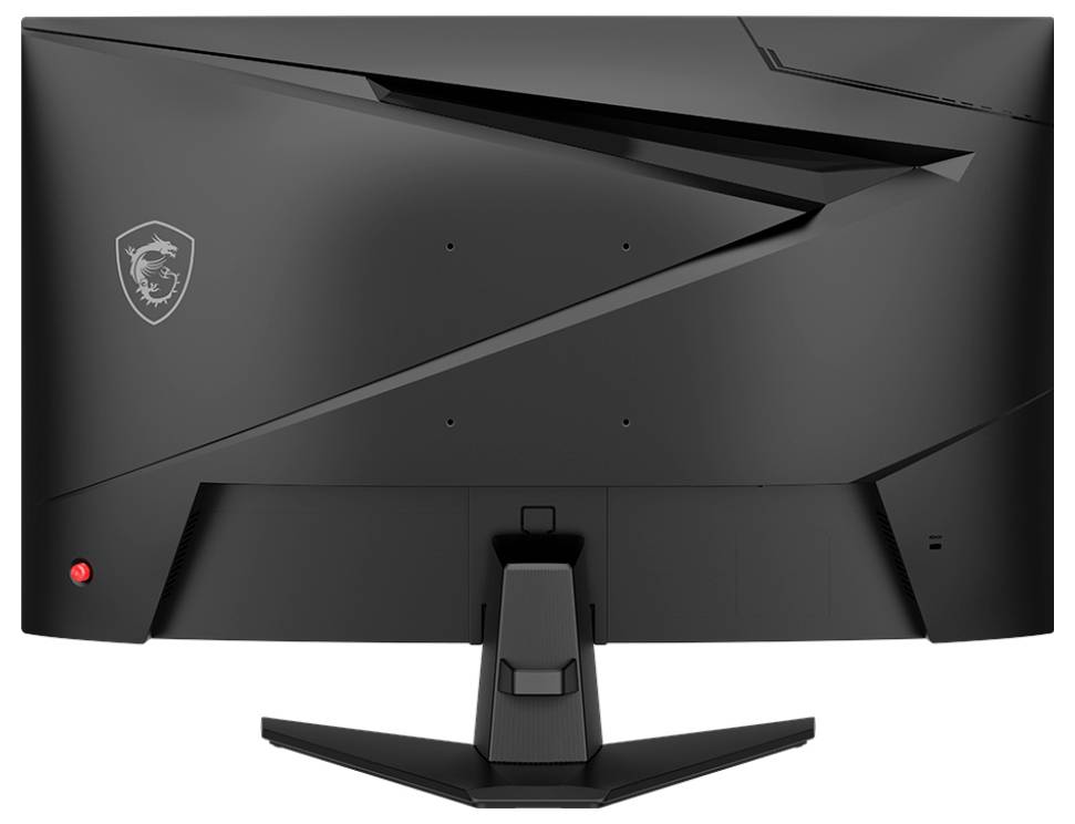 Ein schwarzer Computermonitor, von hinten betrachtet, mit einem geometrischen Design und einem Logo auf der linken Seite. Der Monitor verfügt über einen stabilen Ständer.