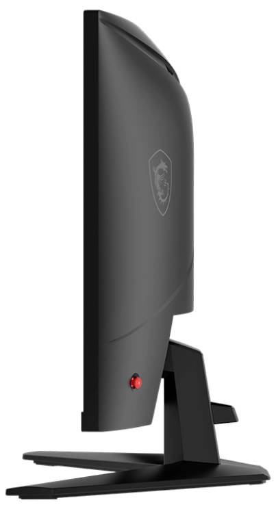 Eine Seitenansicht eines schwarzen Computermonitors auf einem Ständer, mit einem Schildlogo auf der Rückseite und einem roten Kontrollknopf an der Seite.