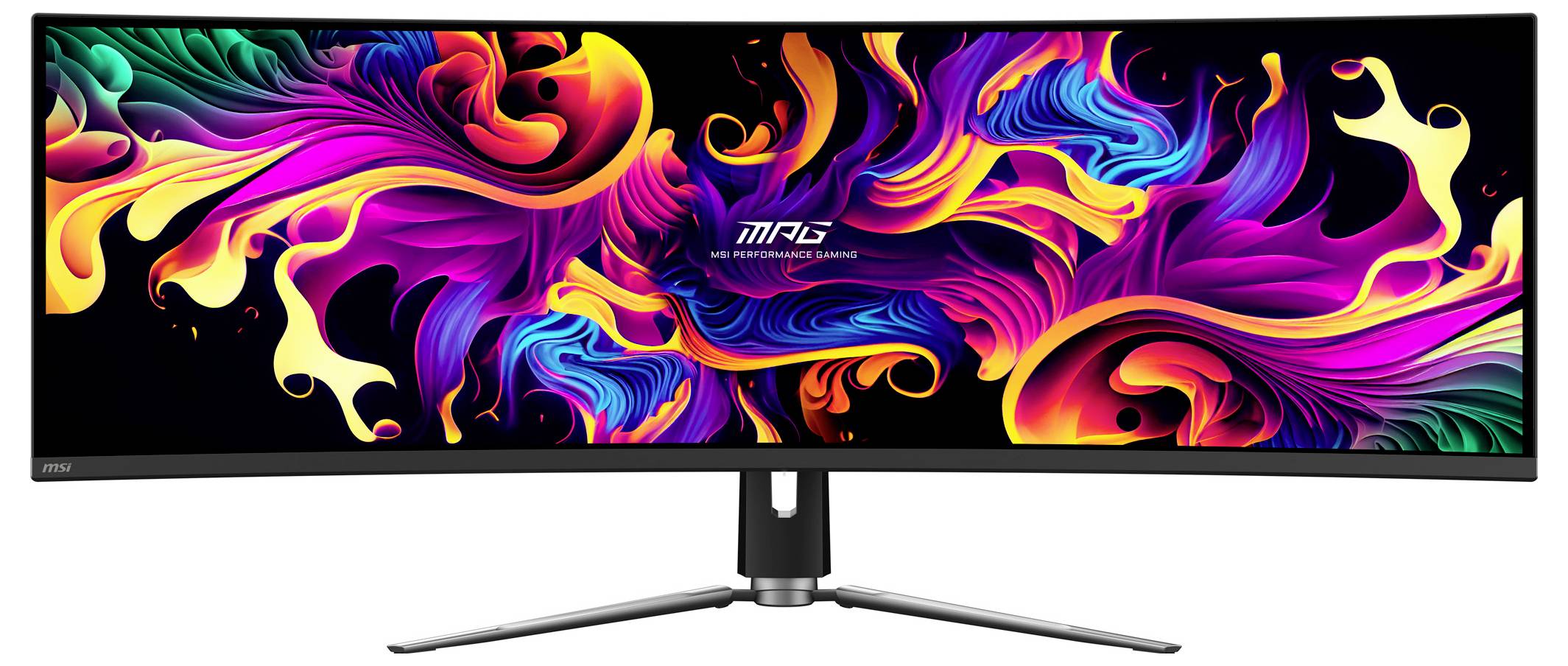 Ein ultrabreiter gekrümmter Monitor, der lebendige, wirbelnde abstrakte Farben zeigt, mit dem Text 'MPG' in der Mitte.