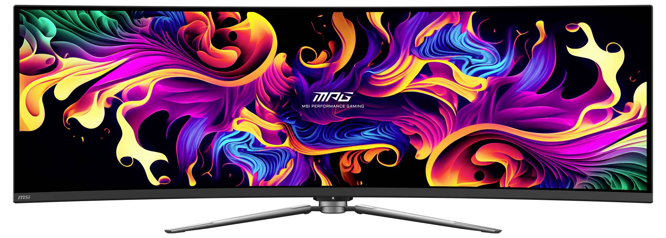 Ein breiter, geschwungener Gaming-Monitor, der lebendige, abstrakte, farbenfrohe Wirbel auf dem Bildschirm zeigt, mit einem schlanken silbernen Ständer am unteren Ende.