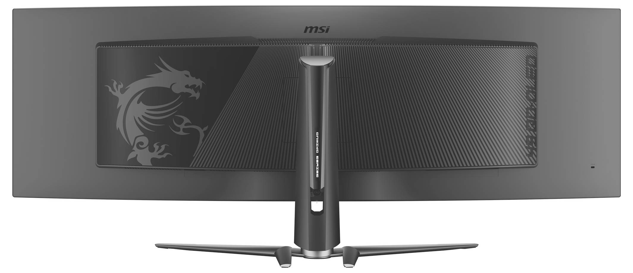 Rückansicht eines breiten, gebogenen MSI-Computermonitors mit einem Drachendesign auf dem Rückpanel, ausgestattet mit einem geschwungenen Ständer.