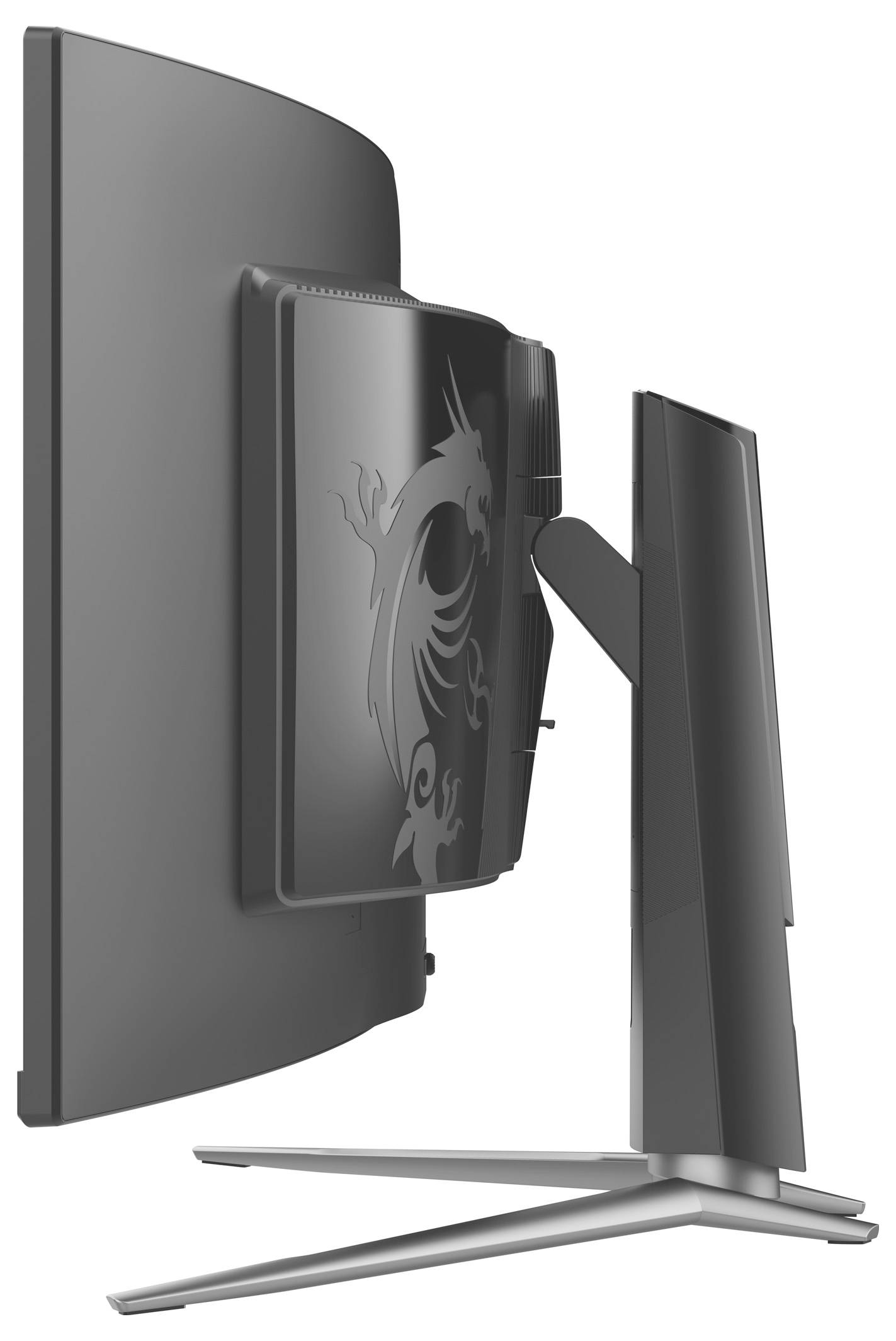 Eine Seitenansicht eines schlanken, modernen Computermonitors mit einem Drachendesign auf dem Rückpanel. Der Monitor ist gebogen und verfügt über einen minimalistischen Ständer.