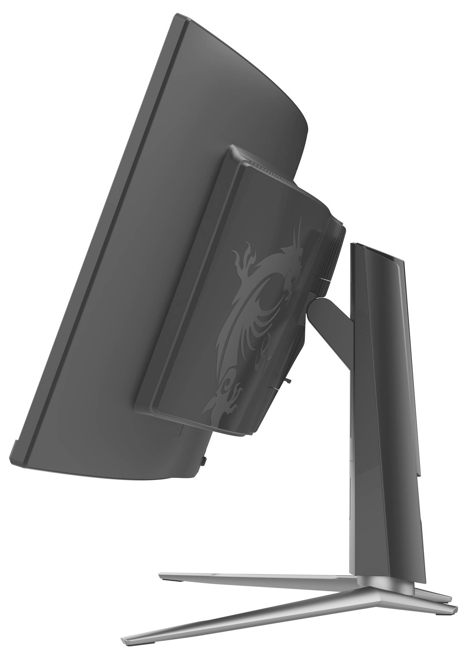 Eine Seitenansicht eines gebogenen Computermonitors auf einem Ständer, die dessen schlankes Profil und verstellbare Neigungsfunktion zeigt.