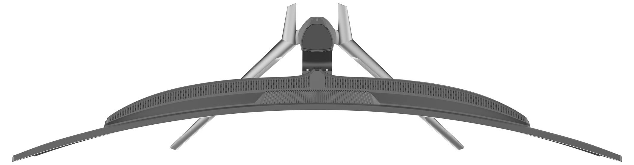 Ein schlanker, gebogener Monitor, von oben betrachtet, der sein minimalistisches Design und seinen robusten Ständer zeigt, passend für moderne Computeraufbauten.