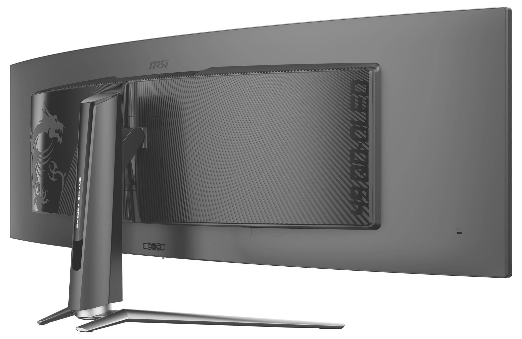 Ein schlanker, ultrabreiter MSI-Monitor, von hinten betrachtet, mit einer geschwungenen Form und verstellbarem Ständer, der moderne Technologie und Stil andeutet.