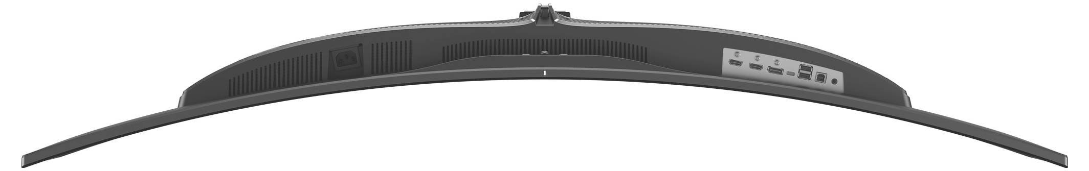 Rückansicht eines gebogenen Computermonitors mit sichtbaren Anschlüssen wie HDMI, USB und Stromverbindungen.