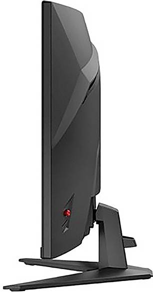 Eine Seitenansicht eines dünnen, modernen Computermonitors mit elegantem Design und kantigem Ständer, die seinen schlanken Umriss und minimalistischen Stil hervorhebt.