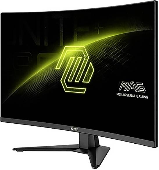 Gebogener Gaming-Monitor auf Ständer, dunkler Bildschirm mit grüner Grafik und 'MAG MSI Arsenal Gaming' Text; geeignet für Gaming-Setups.