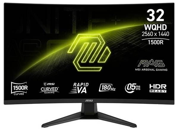 Gebogener Gaming-Monitor mit 32 Zoll WQHD 2560 x 1440 1500R, ausgestattet mit Rapid VA, 180 Hz Bildwiederholrate und HDR-Ready.