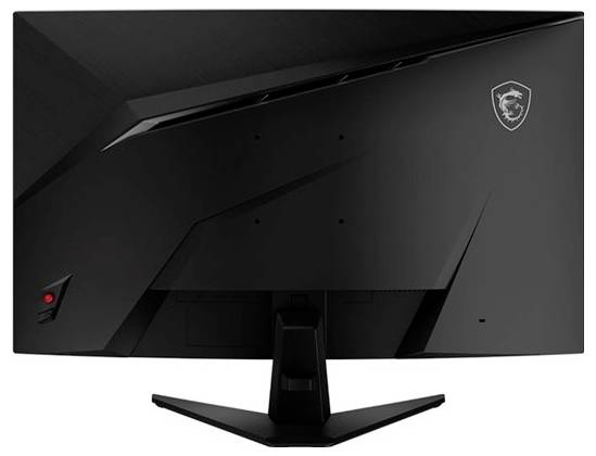 Ein schwarzer Computer-Monitor, von hinten betrachtet, mit einem markanten, kantigen Design und einem kleinen Abzeichen-Logo in der oberen rechten Ecke.