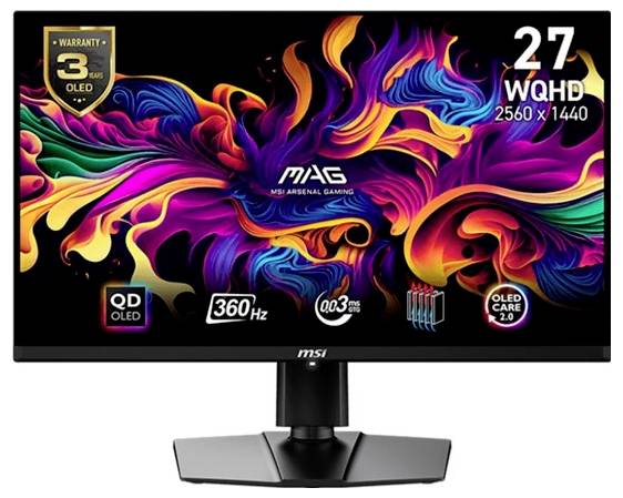 MSI 27-Zoll WQHD-Monitor mit lebendigen Farben und elegantem Design, ausgestattet mit 360Hz Bildwiederholrate, QD OLED und 3-Jahres-Garantieetikett auf dem Bildschirm.