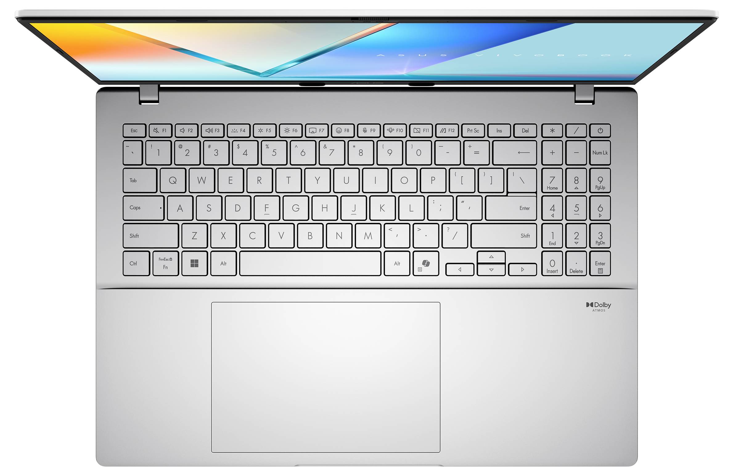 Ein silberner Laptop aus Draufsicht, mit einer Tastatur in voller Größe und einem großen Touchpad. Der Bildschirm zeigt farbenfrohe abstrakte Grafiken.