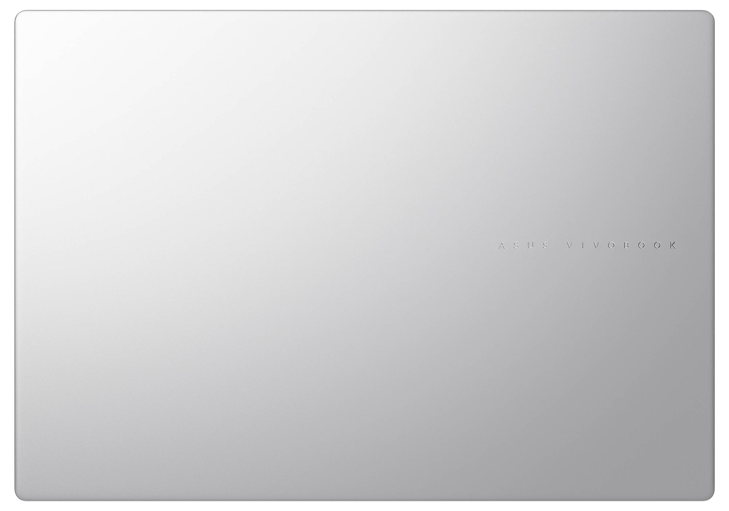Ein minimalistischer silberner Laptop-Deckel mit den Wörtern ‚ASUS VIVOBOOK', die dezent auf der rechten Seite eingeprägt sind und die Marke kennzeichnen.