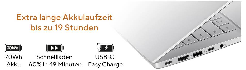 Ein Laptop teilweise geöffnet auf der rechten Seite. Text liest 'Extra lange Akkulaufzeit bis zu 19 Stunden'. Icons zeigen 70Wh Akku, Schnellladen 60% in 49 Minuten, USB-C Easy Charge.