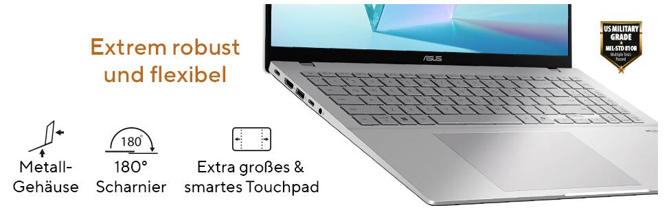 Ein silberner Laptop ist geöffnet und zeigt Tastatur und Touchpad. Text liest sich: 'Extrem robust und flexibel' mit Symbolen für Metallgehäuse, 180°-Scharnier und großen Touchpad.