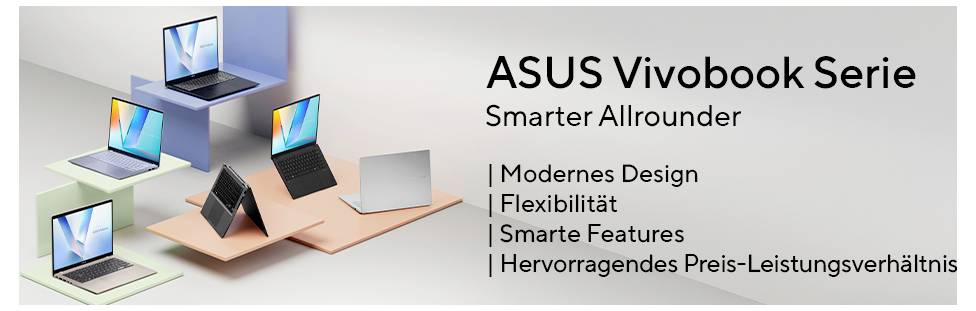 Vier Laptops, die auf bunten Plattformen präsentiert werden. Der Text liest sich 
