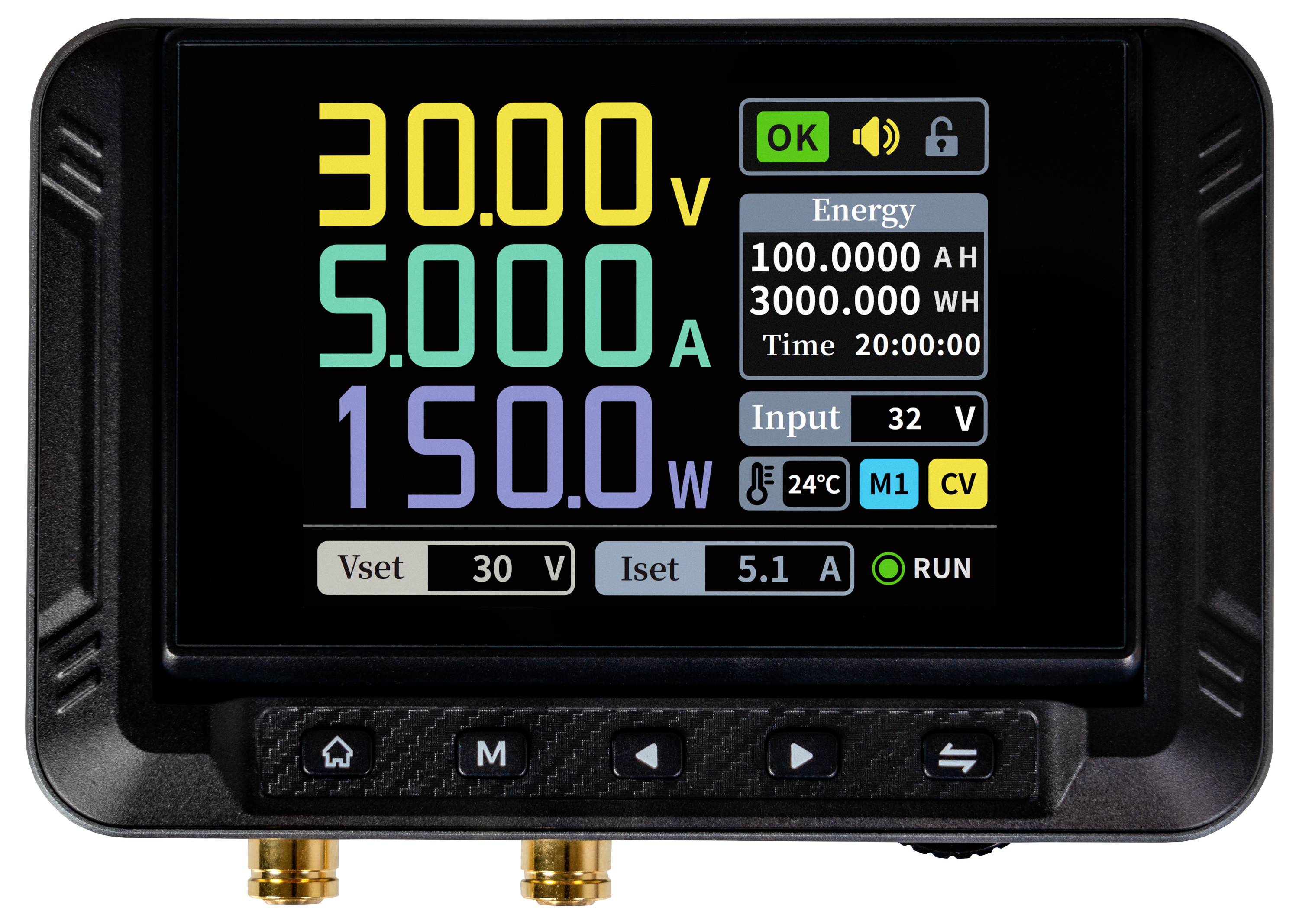 Digitale Stromversorgungsschnittstelle zeigt Spannung an: 30,00V, Strom: 5,00A, Leistung: 150,0W. Energie: 100.000 A.H, Zeit: 3.000,0W.