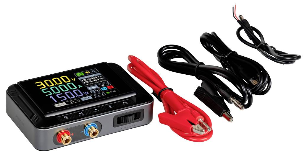 Ein digitales Netzteil mit einer Anzeige von 30V, 5A und 150W mit zwei Sätzen von Kabeln, einschließlich roter und schwarzer Krokodilklemmen, auf weißem Hintergrund.