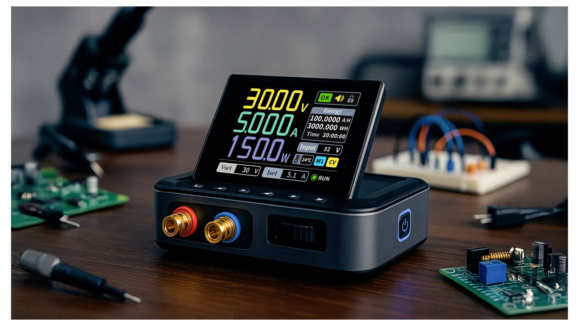 Ein digitales Netzteil mit Anzeige von Spannung, Stromstärke und Leistungsmessungen sitzt auf einem Holztisch, umgeben von elektronischen Schaltungskomponenten.