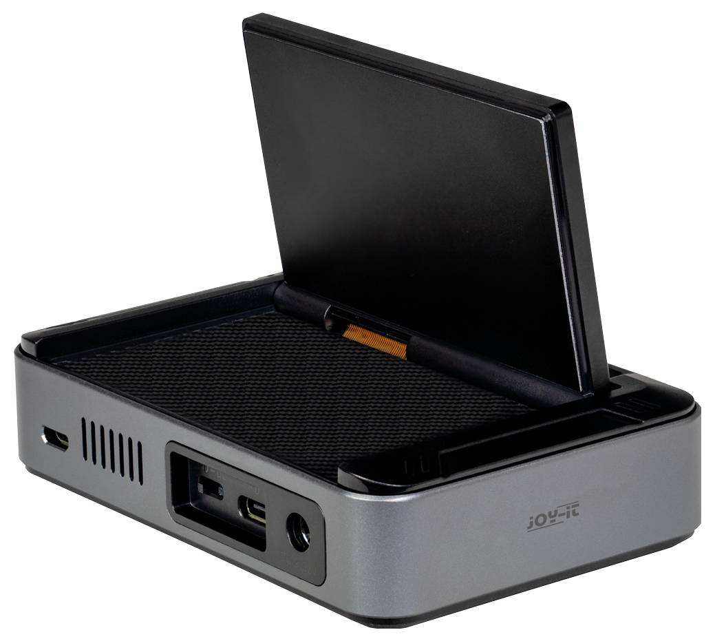 Ein kompaktes, graues elektronisches Gerät mit einem schwenkbaren Displayfeld, das verschiedene Anschlüsse und Belüftungsgitter auf seinen Seiten aufweist.