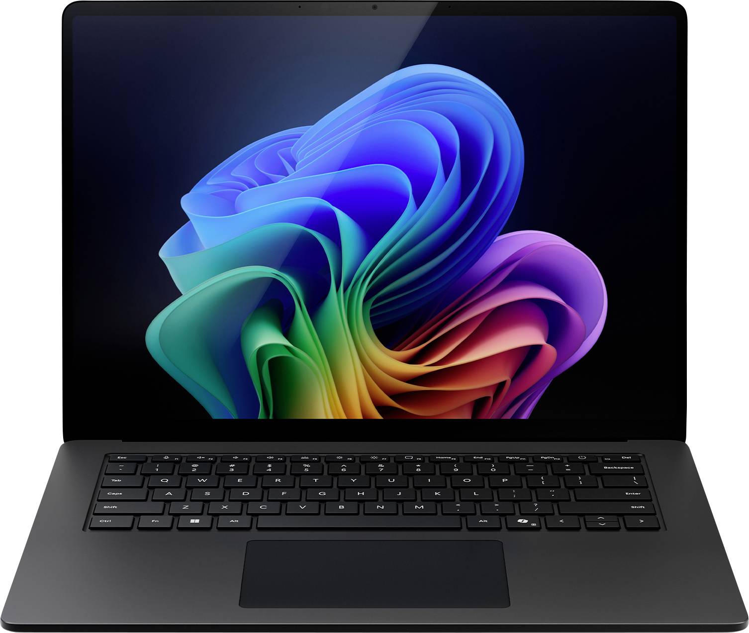 Ein schlankes Laptop mit einer lebendigen, farbenfrohen abstrakten Form, die auf dem Bildschirm dargestellt wird, vor einem dunklen Hintergrund.