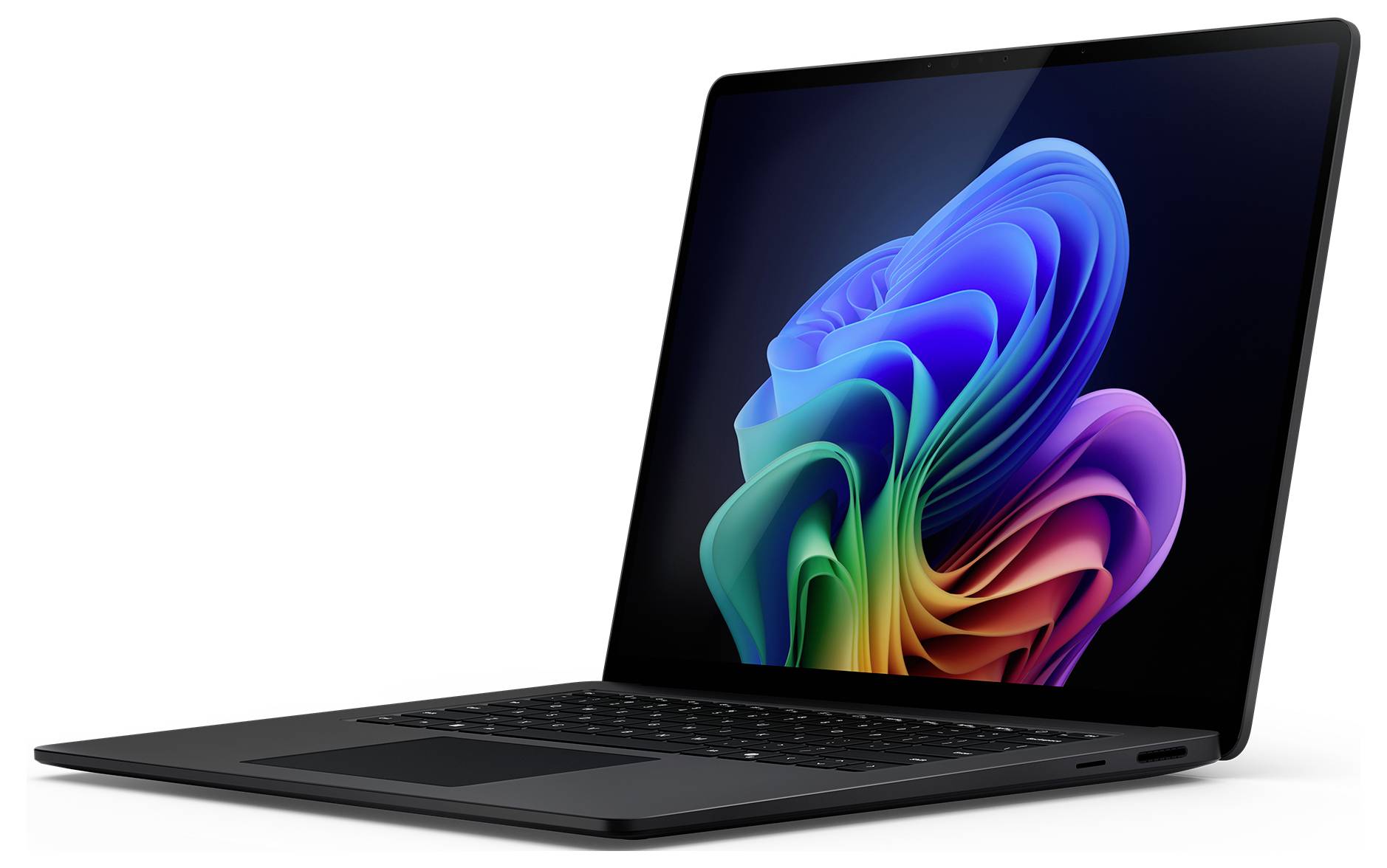 Ein schlanker schwarzer Laptop, geöffnet, mit einem lebhaften, abstrakten, farbenfrohen Design auf seinem Bildschirm, der moderne Technologie und Eleganz präsentiert.