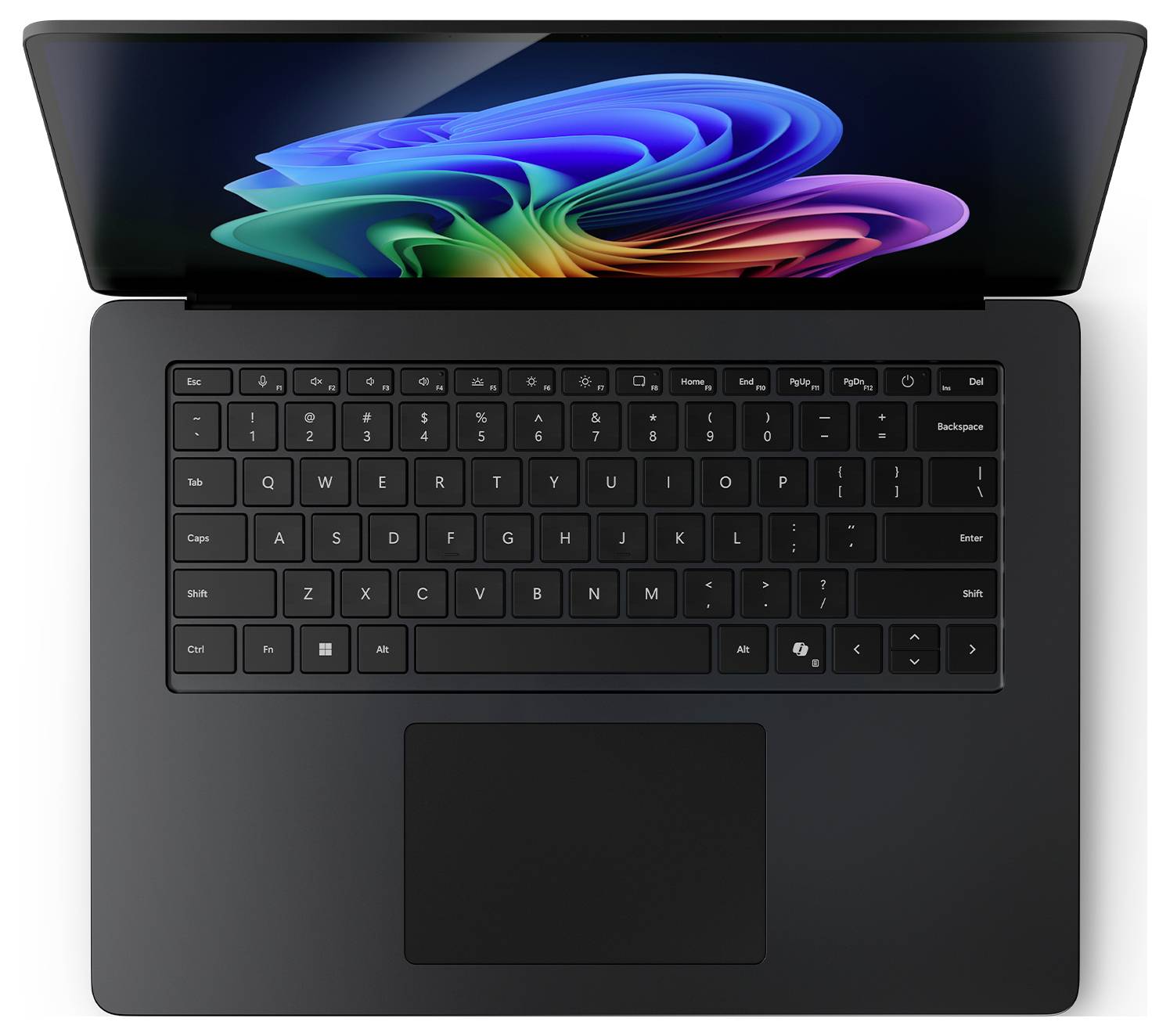 Geöffneter Laptop mit einem lebendigen, farbenfrohen abstrakten Design auf dem Bildschirm, mit einer schwarzen Tastatur und einem Trackpad darunter.