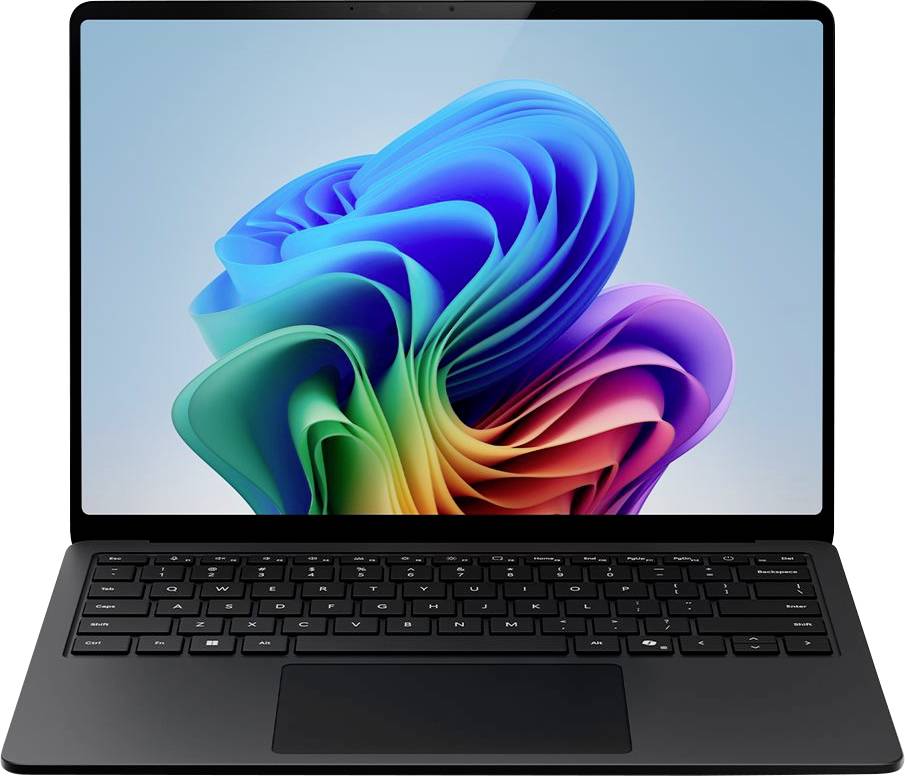 Ein Laptop mit einem bunten abstrakten Hintergrund, der auf dem Bildschirm angezeigt wird. Das Gerät verfügt über eine schwarze Tastatur und wird vor einem einfarbigen Hintergrund präsentiert.