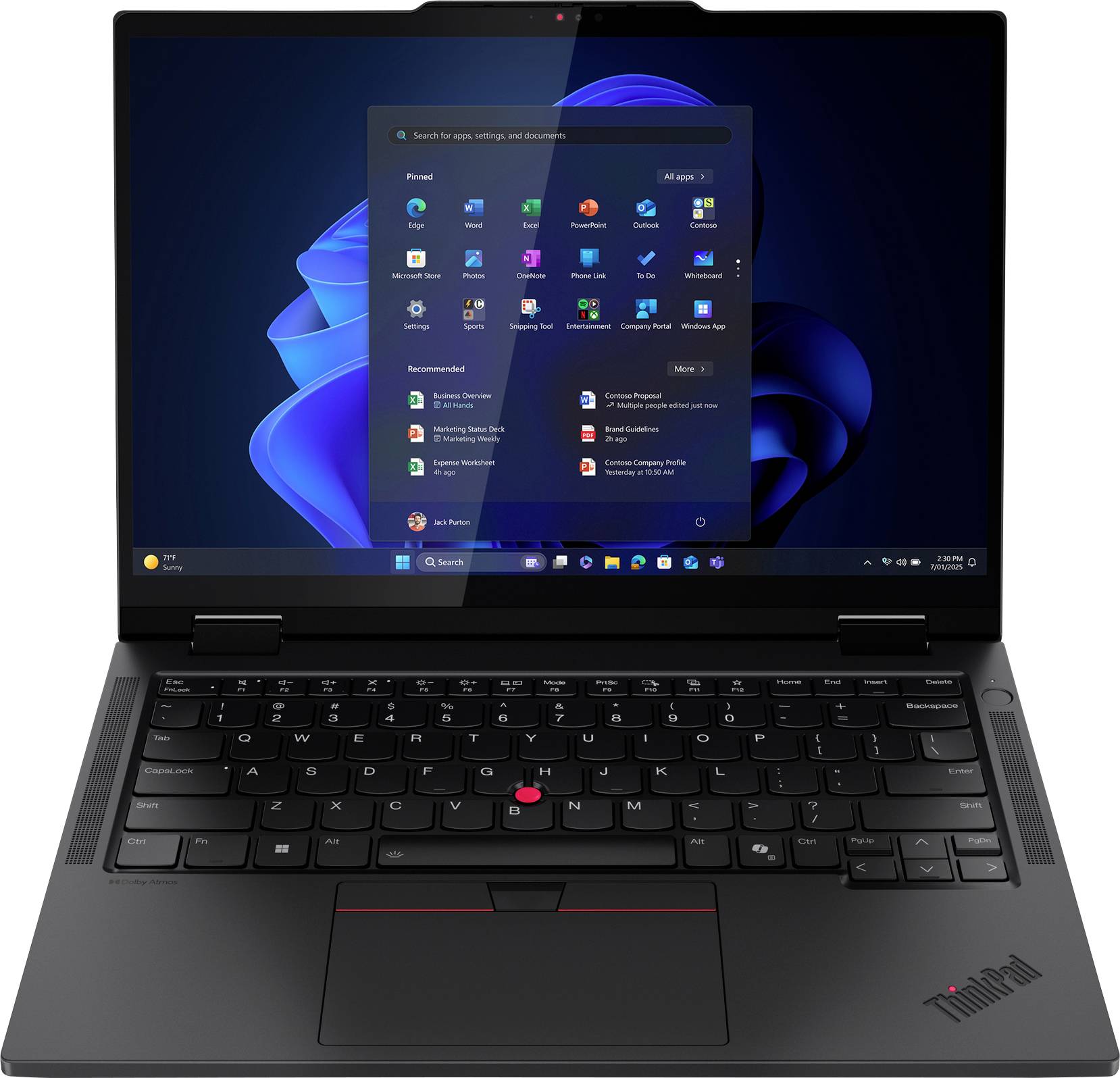 Ein schwarzer Laptop mit sichtbarer Tastatur und Bildschirm, der die Windows 11 Startoberfläche zeigt und verschiedene Anwendungssymbole präsentiert.