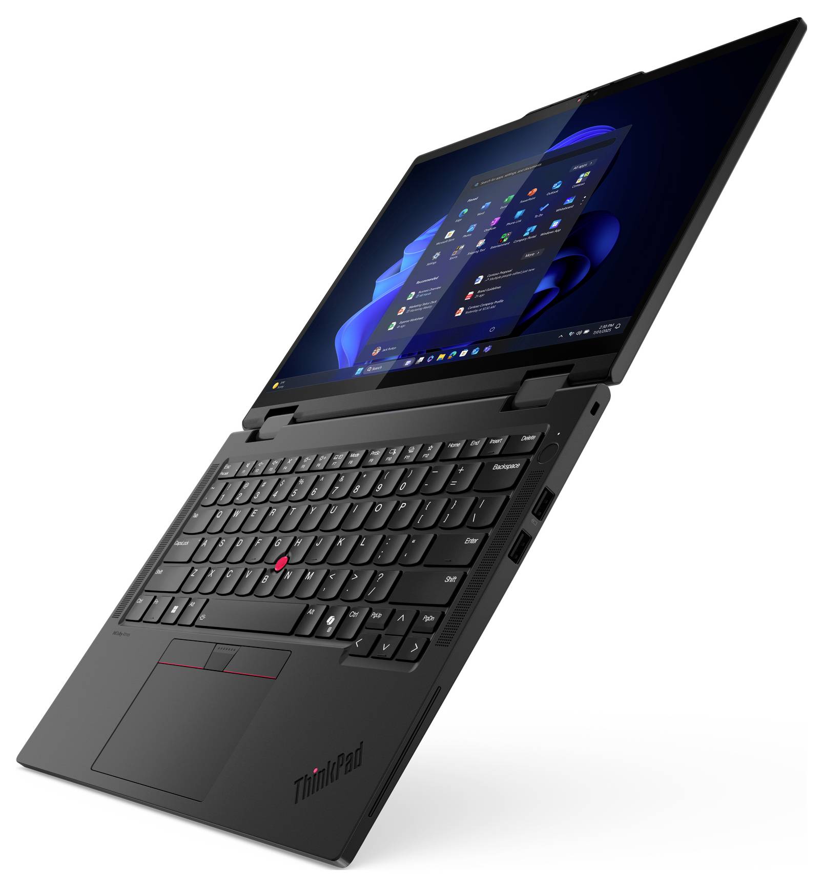 Ein Laptop mit einem teilweise geöffneten Bildschirm, auf dem eine Desktop-Oberfläche zu sehen ist. Tastatur sichtbar mit einem roten Pointing Stick in der Mitte.