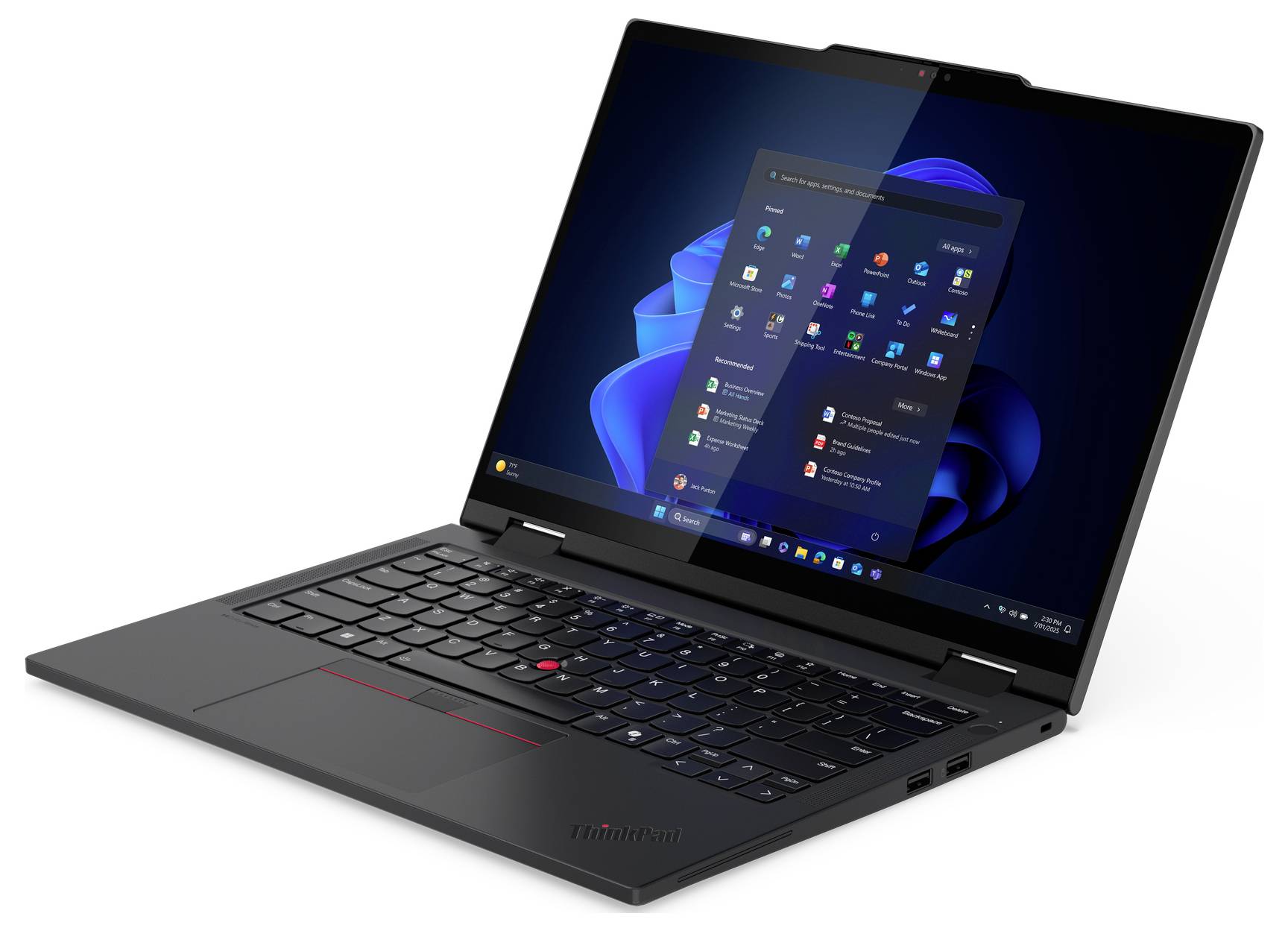 Ein moderner Laptop, dessen Bildschirm die Desktopansicht zeigt und verschiedene App-Symbole auf der Anzeige präsentiert, mit einem eleganten, dunkelgrauen Design und sichtbarer Tastatur.