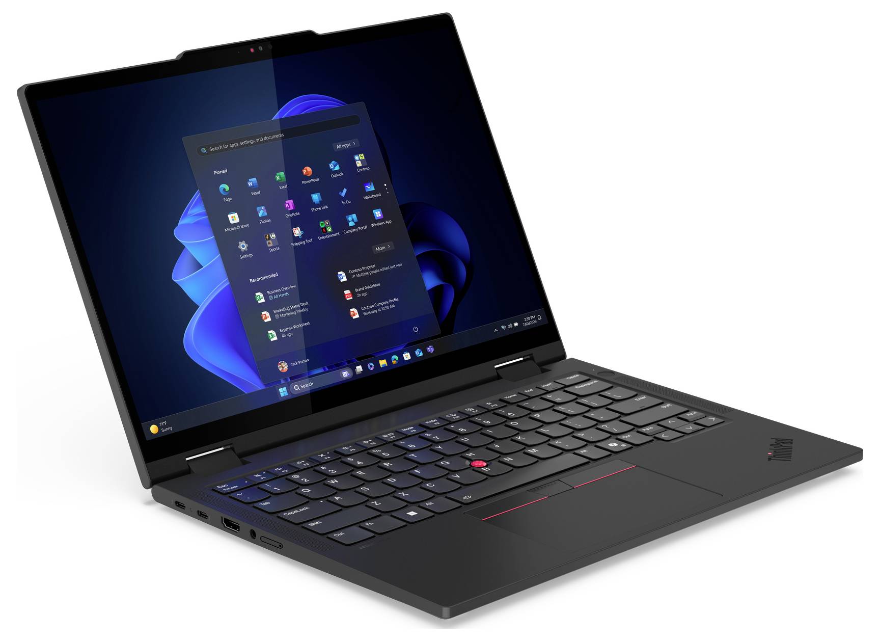 Ein schwarzer Laptop mit einem großen Bildschirm, auf dem das Windows-Startmenü angezeigt wird. Die Tastatur ist sichtbar und zeigt einen Trackpoint und ein Touchpad.