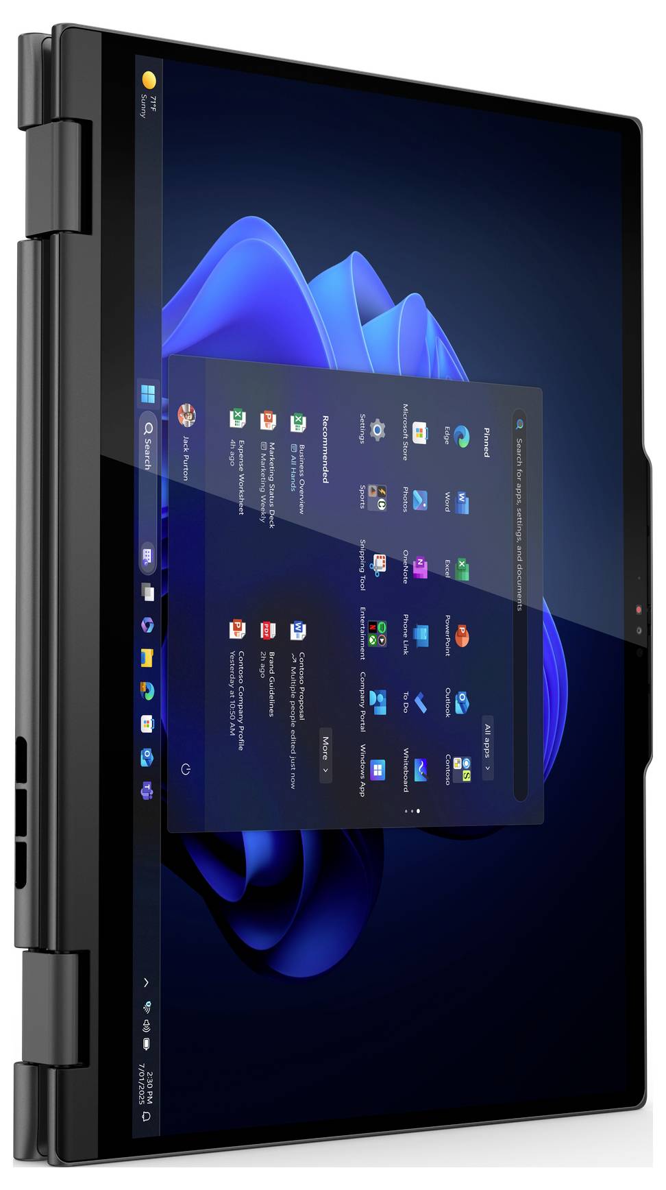 Eine Tablette, die den Startbildschirm eines Windows-Betriebssystems mit App-Symbolen anzeigt. Das Gerät wird in vertikaler Ausrichtung dargestellt.