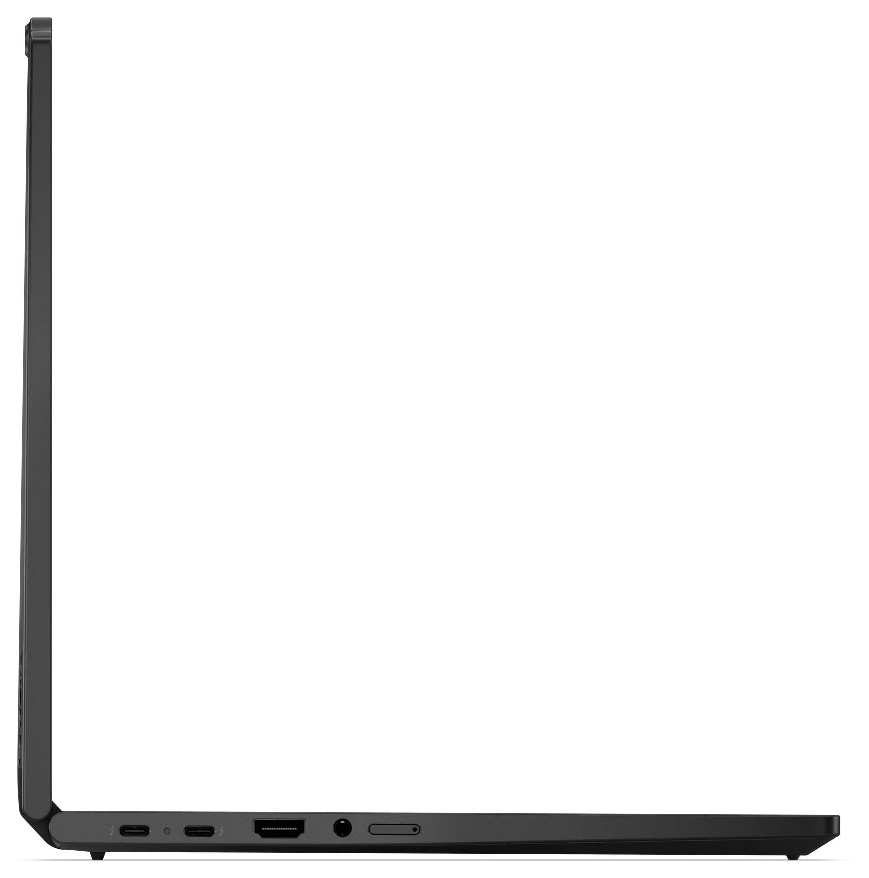 Ein Laptop von der Seite gezeigt, teilweise geöffnet, wobei die Scharniere und Anschlüsse wie USB, HDMI und Audioeingang auf einem eleganten Design sichtbar sind.