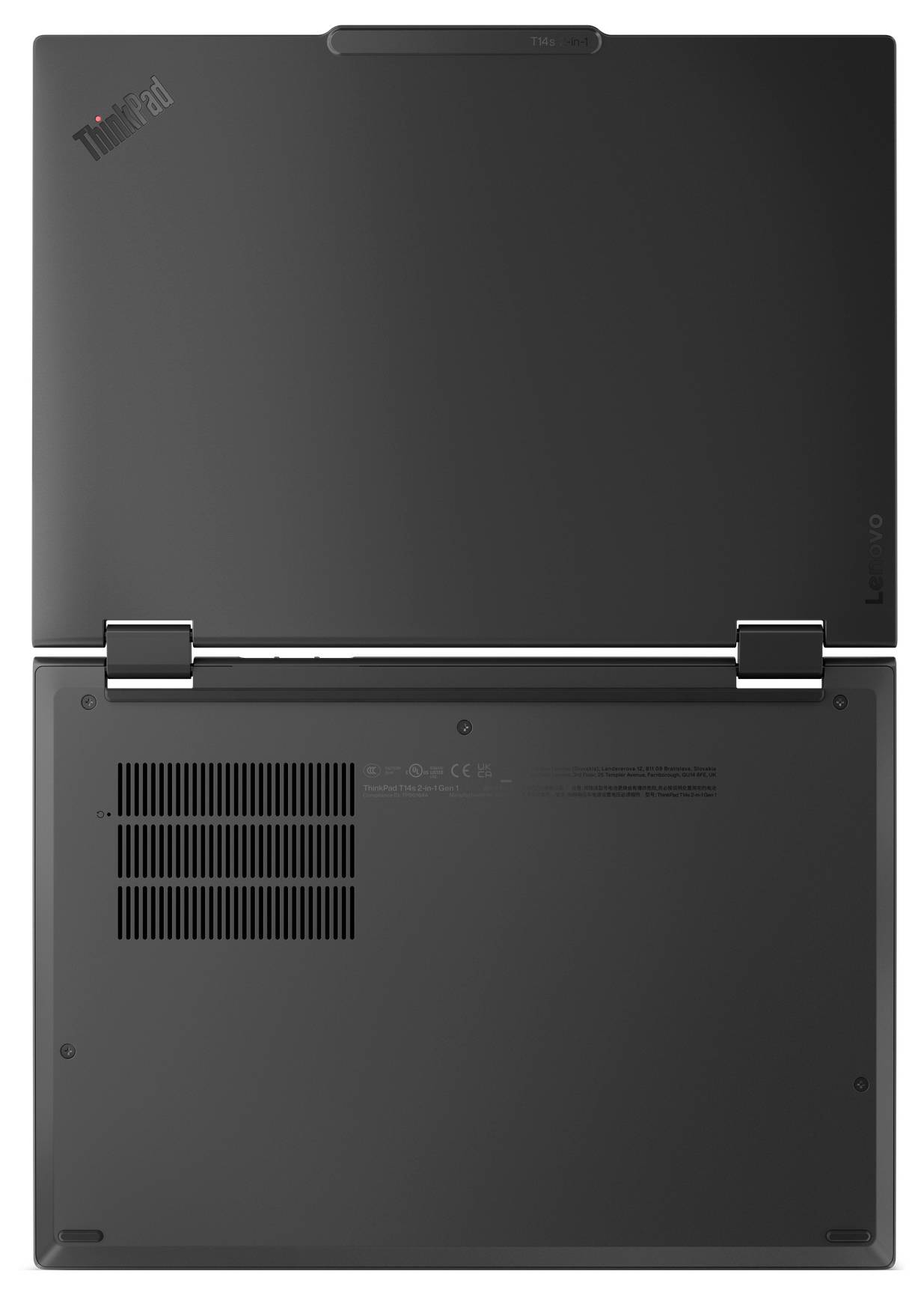 Ein geschlossener schwarzer Laptop, von oben betrachtet, mit sichtbaren Scharnieren und Umrissen der Tastatur. Das 'ThinkPad'-Logo ist in der Ecke zu sehen.