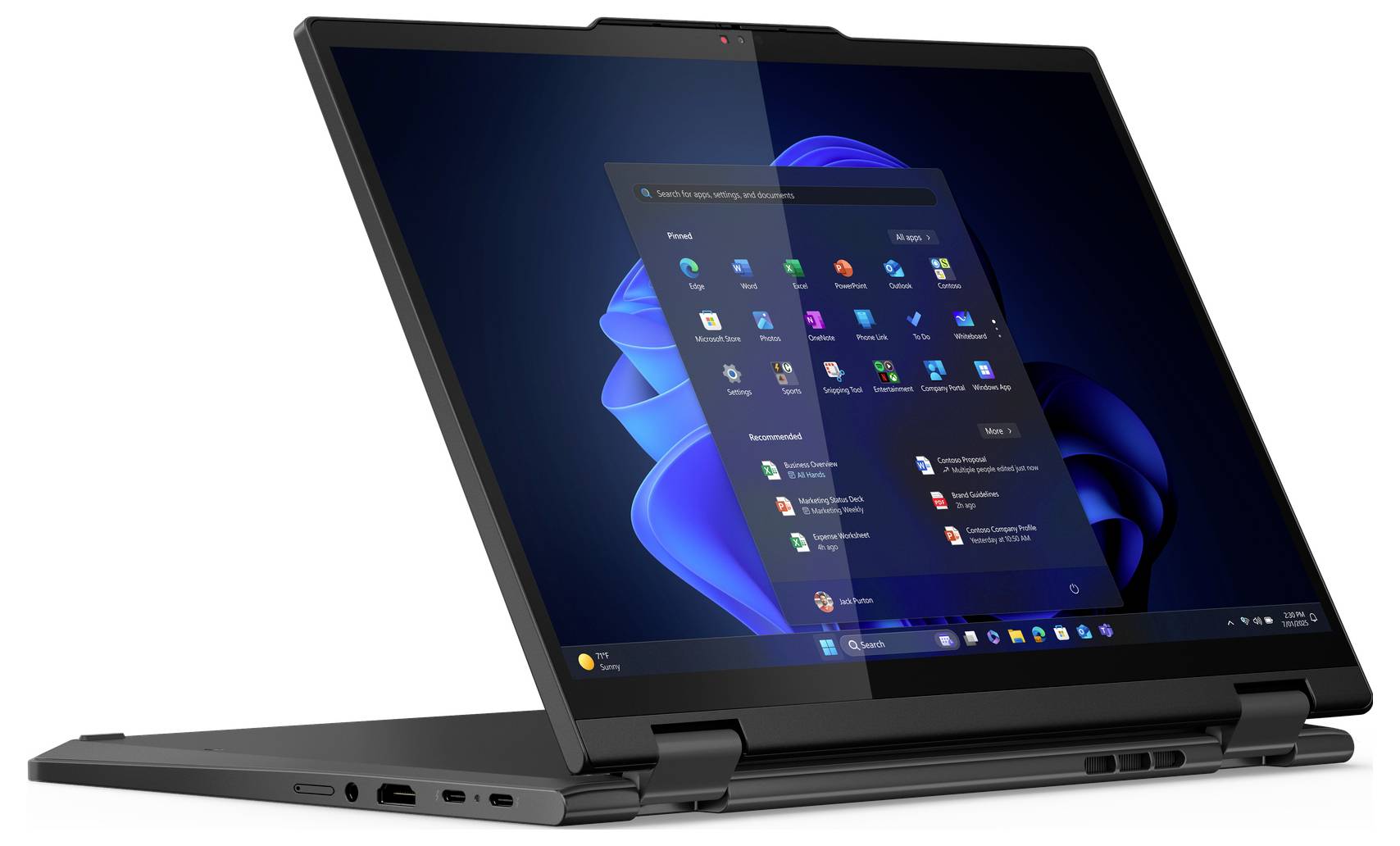 Ein schwarzes Convertible-Laptop mit Touchscreen zeigt den Windows 11 Startbildschirm. Der Laptop befindet sich in der Zeltmodus-Position.
