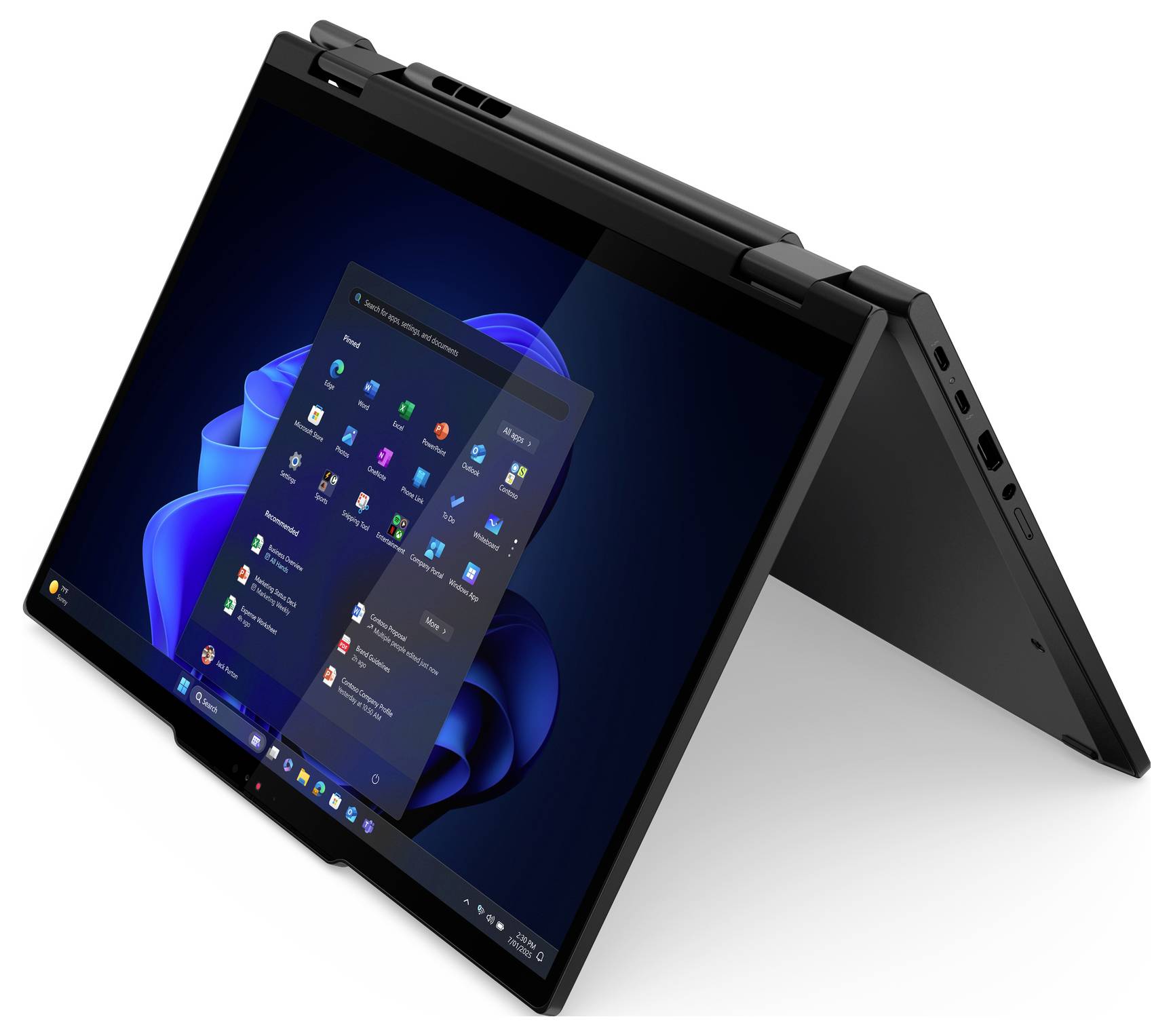 Ein schwarzes Convertible-Laptop im Zeltmodus zeigt den Windows-Startbildschirm mit sichtbaren App-Symbolen.