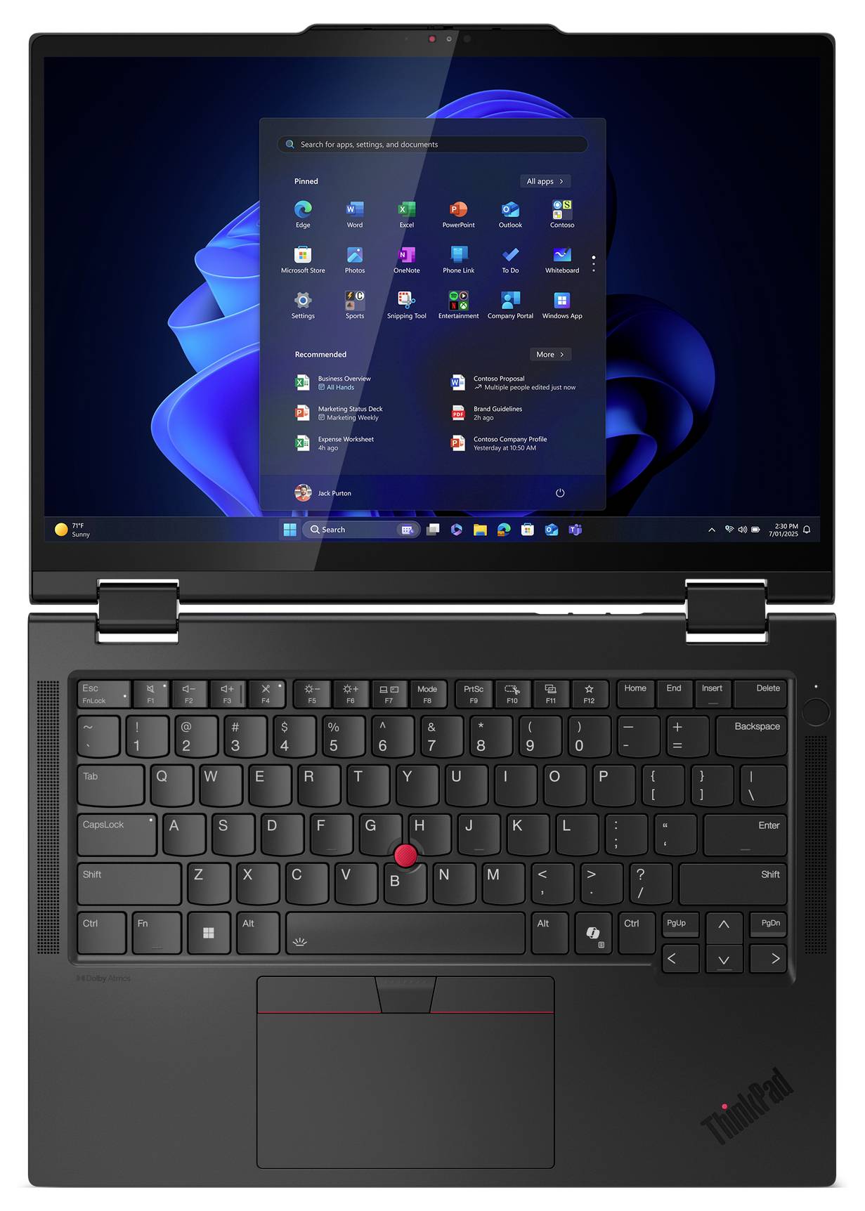 Ein Laptop, der das Windows-Betriebssystem-Startmenü auf dem Bildschirm zeigt, mit verschiedenen App-Symbolen, vor einem blauen abstrakten Hintergrund.