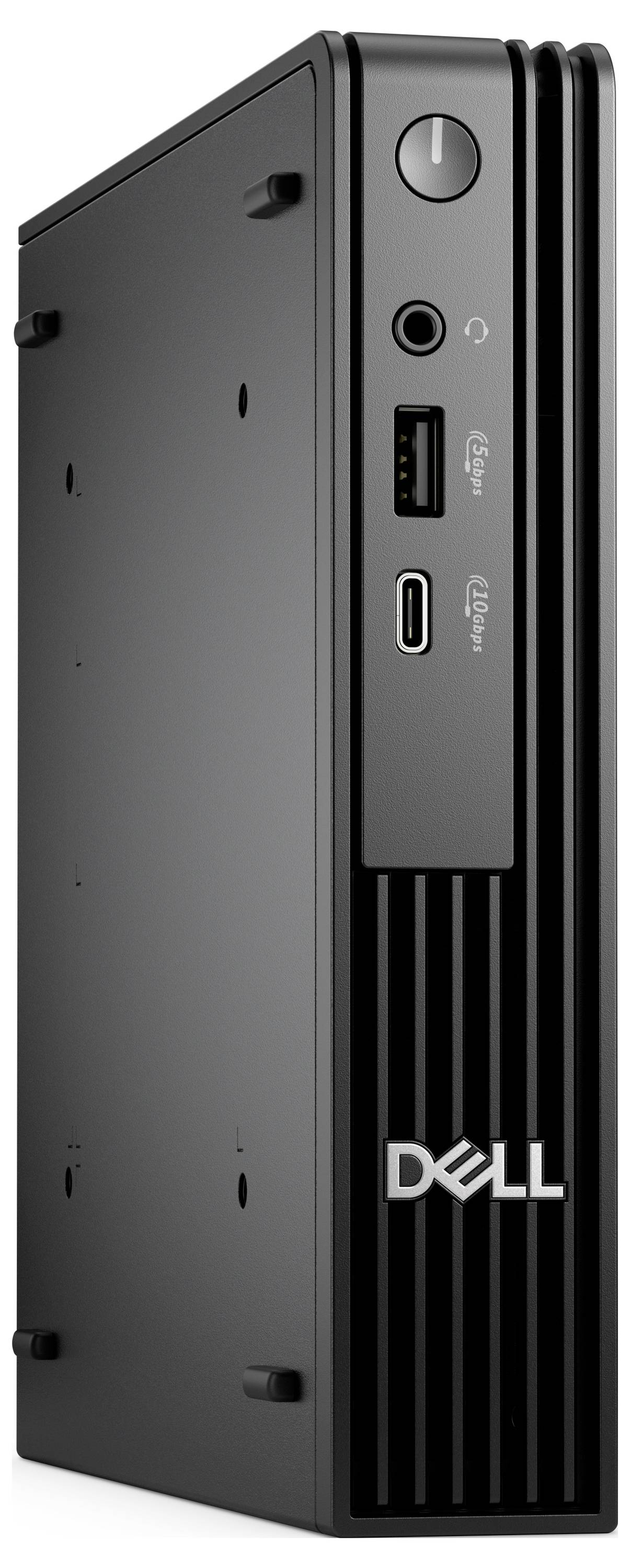 Ein schwarzer Dell Desktop-Mini-PC-Tower mit nach vorne gerichteten USB-Anschlüssen und Kopfhörerbuchse, mit einem schlanken vertikalen Design.