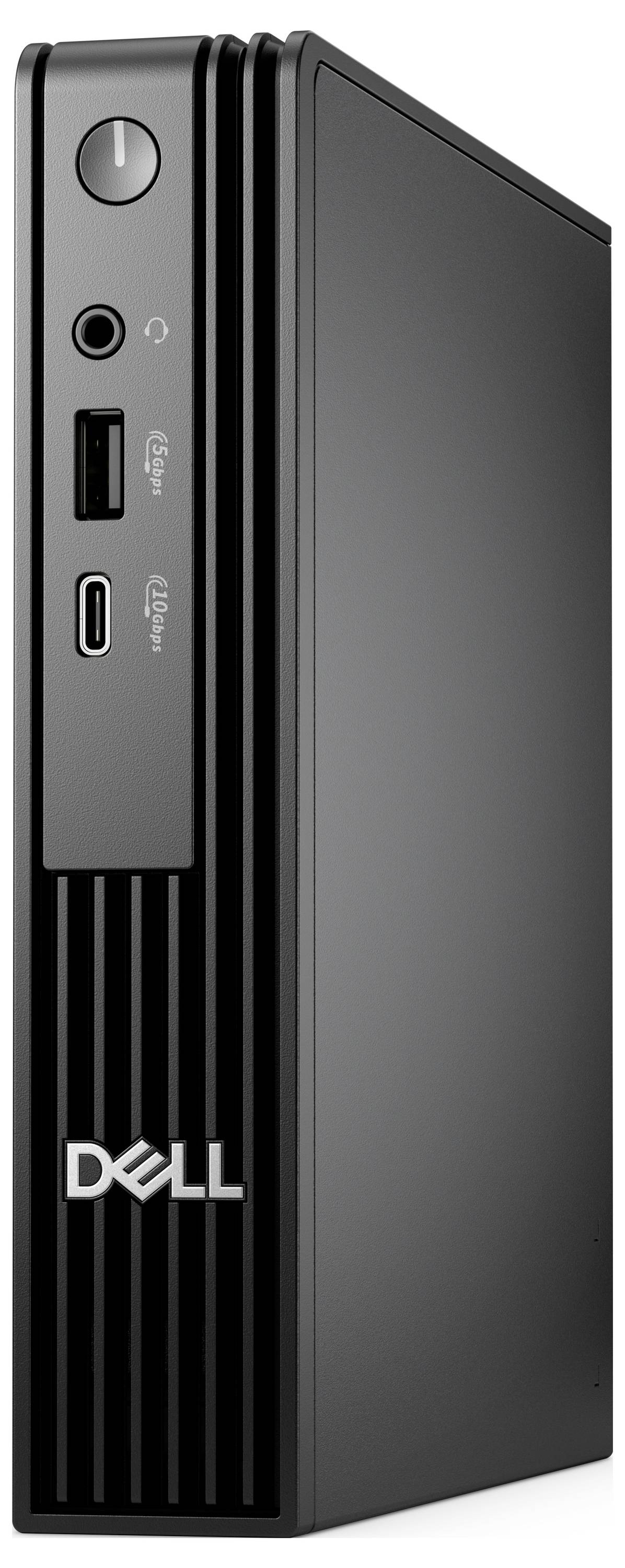 Ein Dell-Desktop-Tower mit vorderen USB-Ports, einem Audioanschluss und einem Einschaltknopf. Der Tower hat ein schlankes schwarzes Design mit dem Dell-Logo.