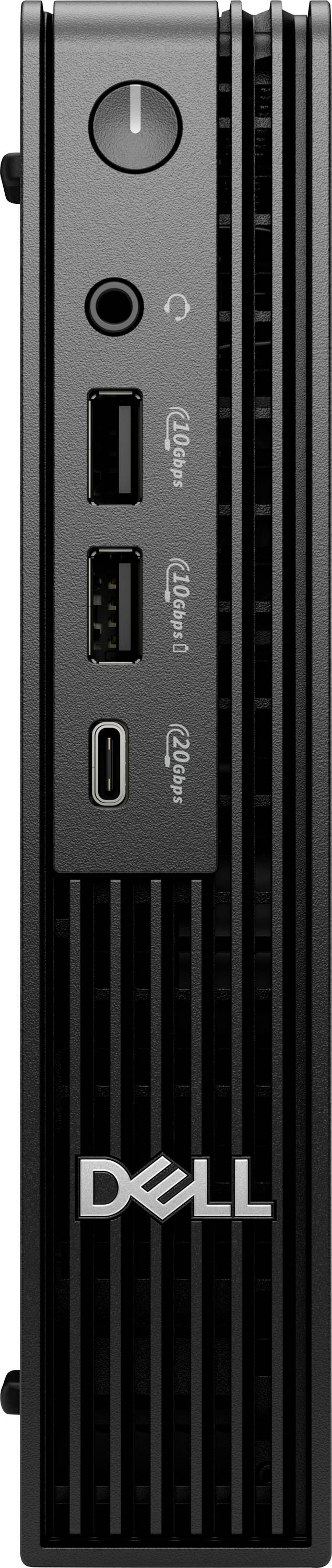 Eine vertikale Ansicht eines Dell Mini-Desktop-Computers mit Frontanschlüssen: Einschaltknopf, Audioeingang, zwei USB-A-Anschlüssen und einem USB-C-Anschluss.
