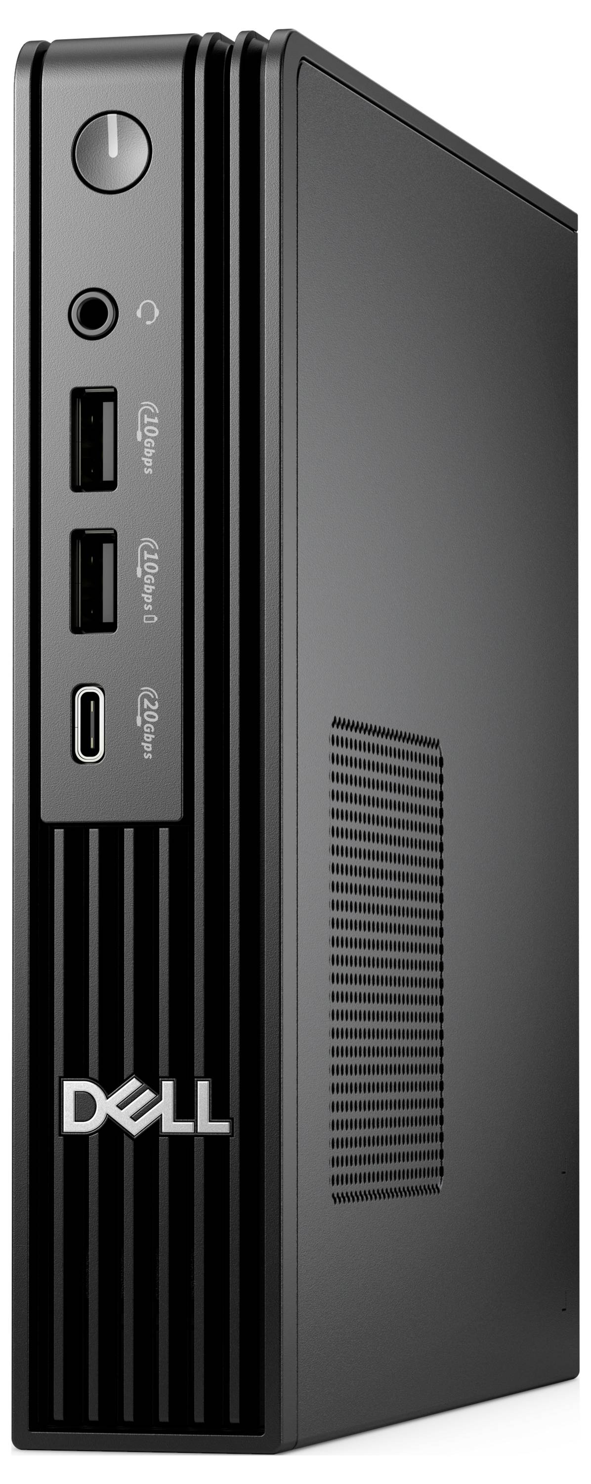 Ein schwarzer Dell Mini-Desktop-Computer mit USB-Anschlüssen, Einschaltknopf und belüfteter Seitenwand.