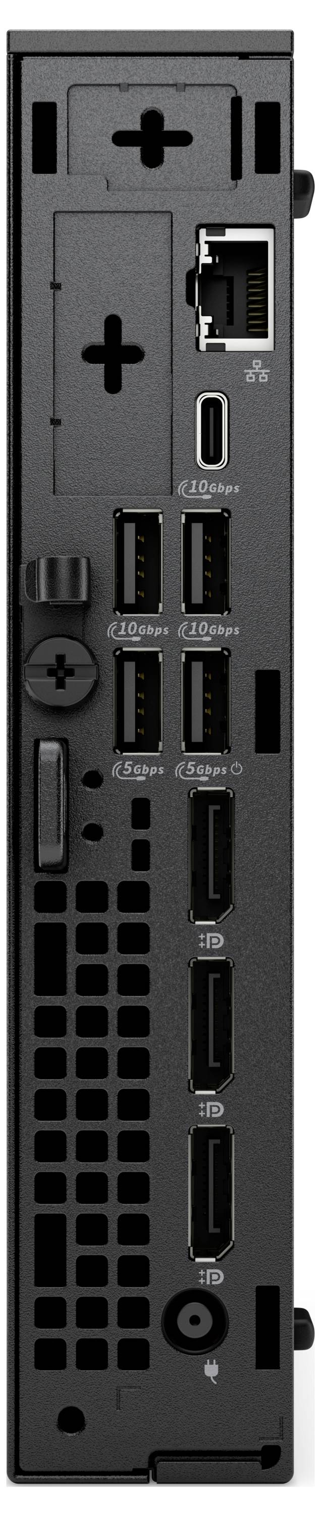 Rückansicht eines schwarzen Desktop-Computers mit mehreren Anschlüssen, darunter ein Ethernet-Anschluss, USB-Anschlüsse, HDMI-Anschlüsse und ein Stromanschluss.