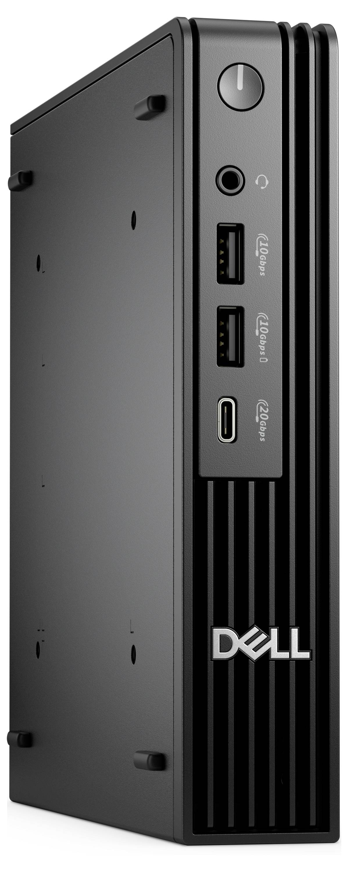 Ein schlanker, vertikaler schwarzer Computer-Tower mit einem Powerbutton, zwei USB-Anschlüssen, einem Audioeingang und dem Dell-Logo auf der Frontplatte.
