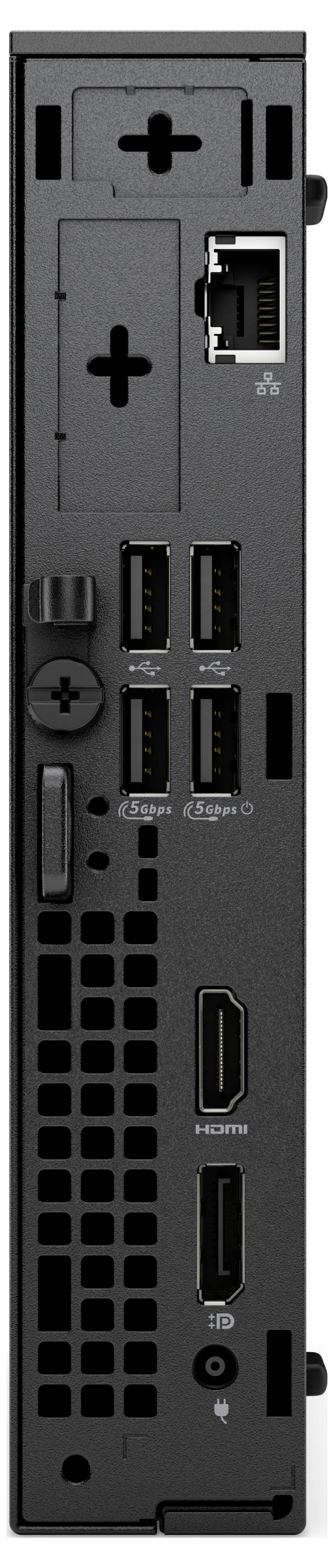 Das Bild zeigt die Rückansicht einer Spielkonsole mit mehreren USB-Anschlüssen, einem HDMI-Anschluss, einem Ethernet-Anschluss und einem Stromanschluss.