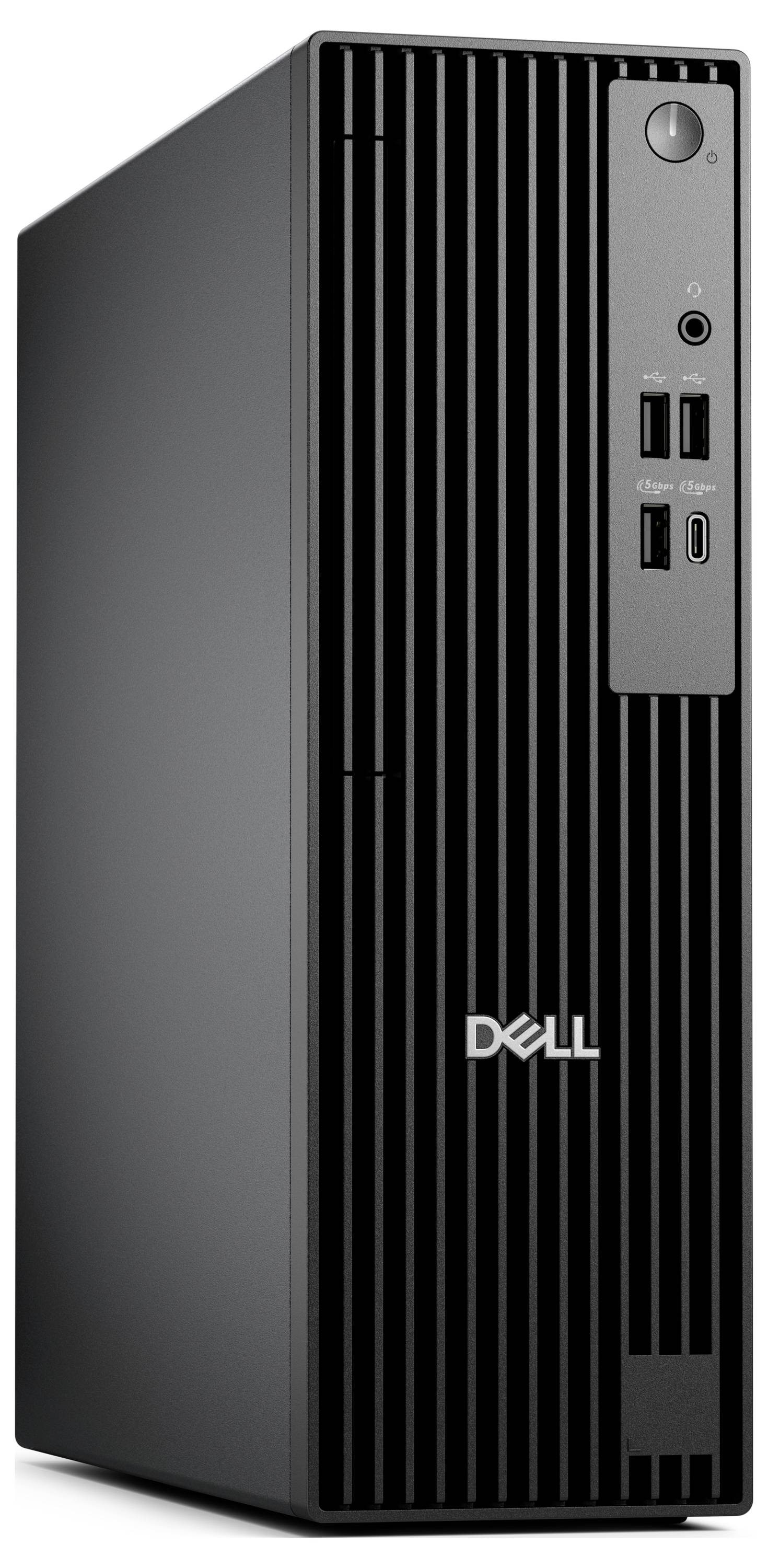 Schwarzer Dell-Desktop-Computer mit einem vertikalen Streifendesign auf der Frontplatte, ausgestattet mit USB-Anschlüssen und einem Einschaltknopf.